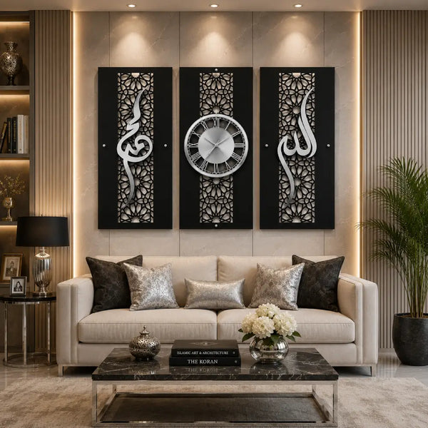 Noor-e-Zaman Premium Islamic Wall Clock Set | 3 Panel Luxury Wall Decor