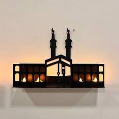 3D Islamic Wooden Shelves – Khana Kaba & Roza Rasool (SAW) Design with 4 LED Candles