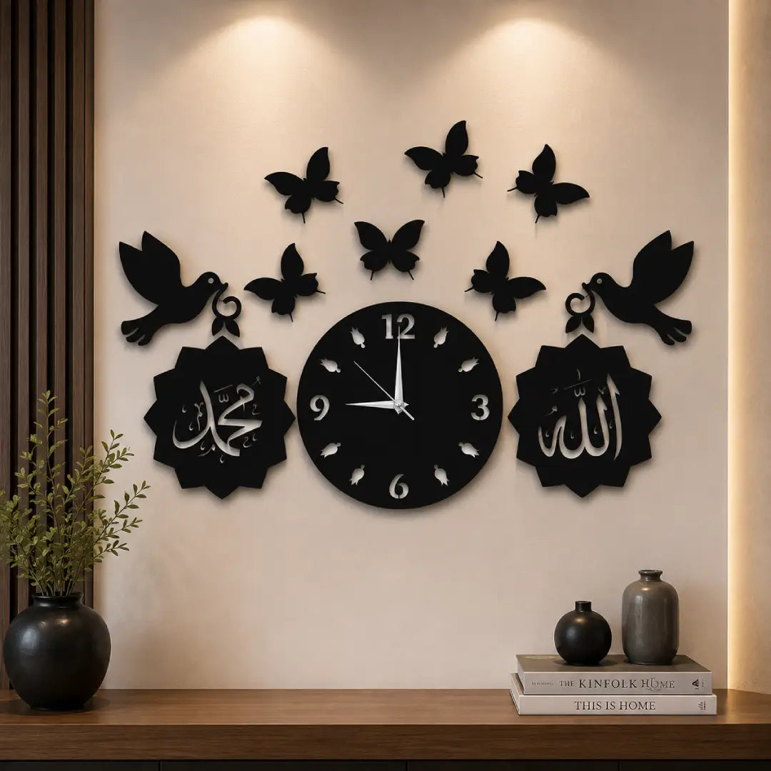 3D wooden Islamic wall clock 40 inch black golden Pakistan