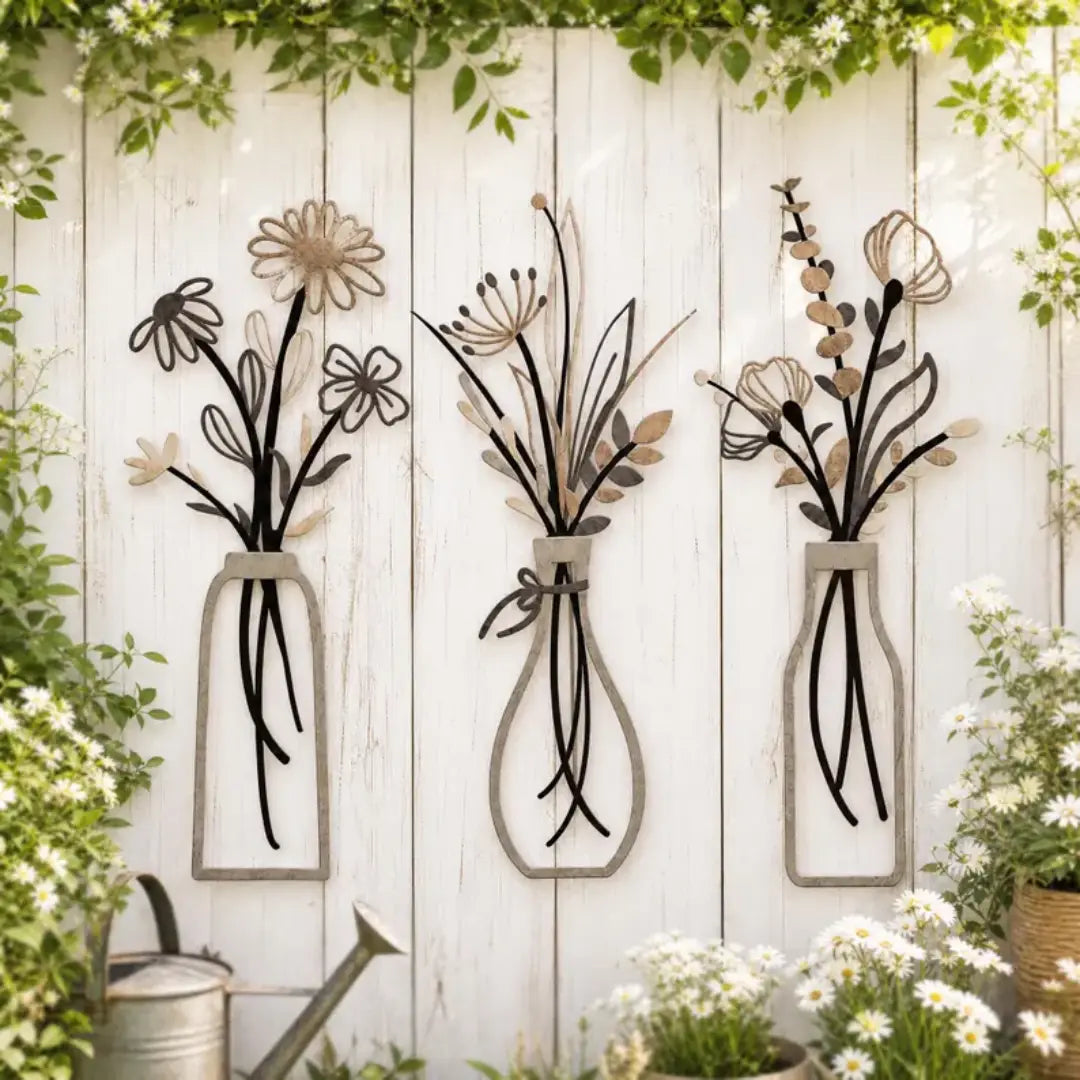 3 piece neutral metal floral wall decor