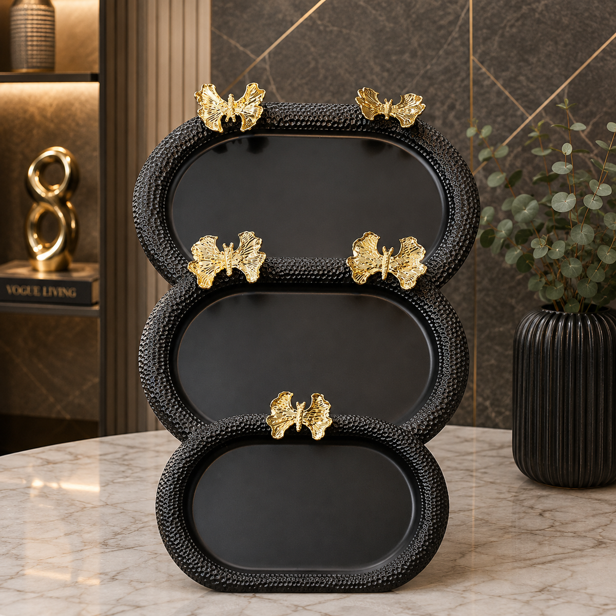 Black butterfly accented oval tray set of 3 for modern home decor
