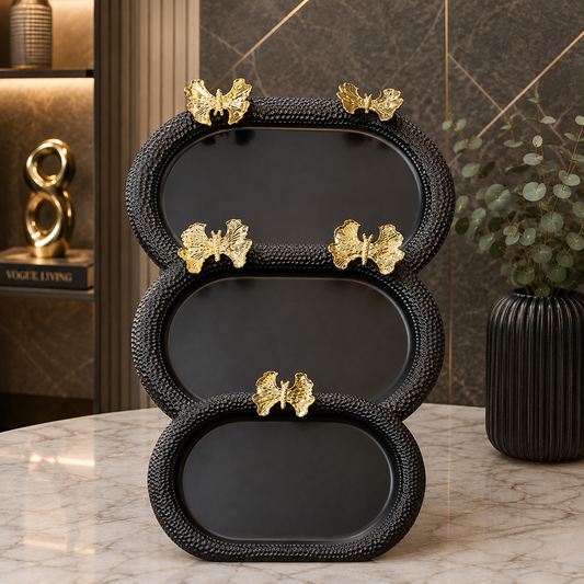 Black butterfly accented oval tray set of 3 for modern home decor