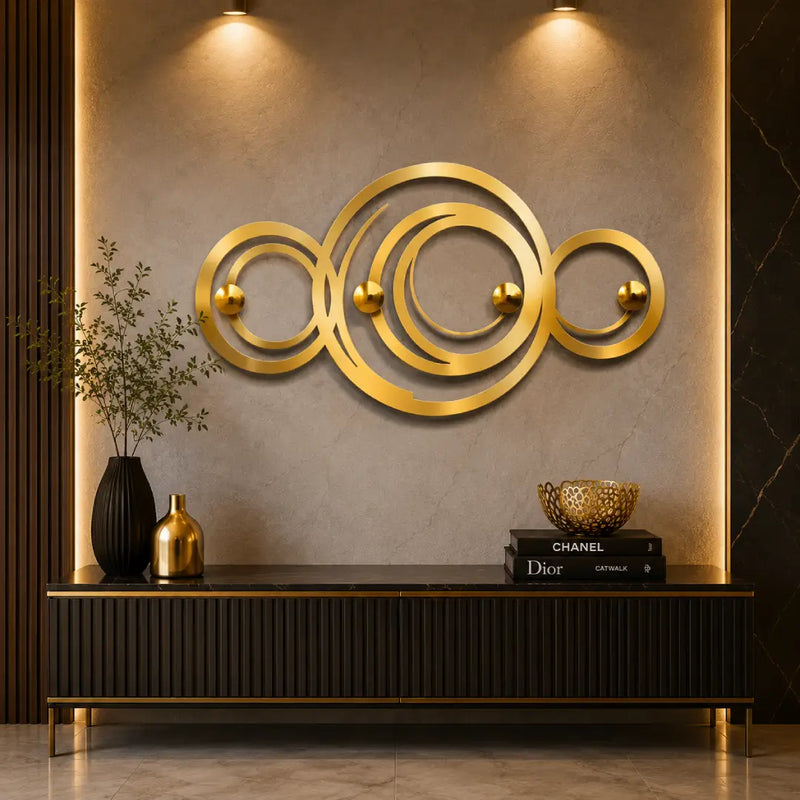Abstract Metal Wall Art with Gold Mirror Acrylic – Black, Golden & White