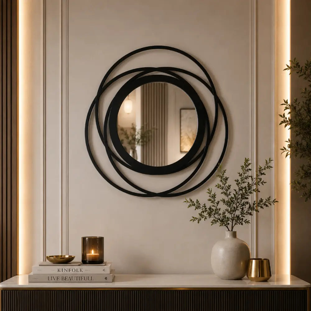 Abstract Wooden Rings Wall Mirror | Modern Round Wooden Mirror Wall Decor