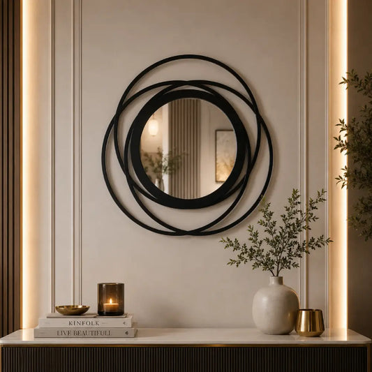 Abstract Wooden Rings Wall Mirror | Modern Round Wooden Mirror Wall Decor