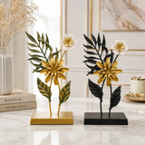 Artisanal gold and dark foliage sculptural flower on pedestals luxury home decor Pakistan