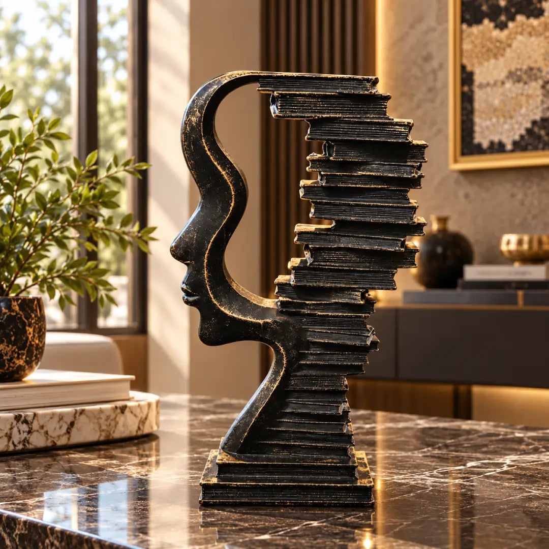 Black abstract face and books sculpture