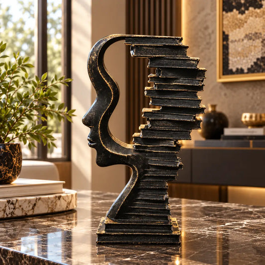 Black abstract face and books sculpture