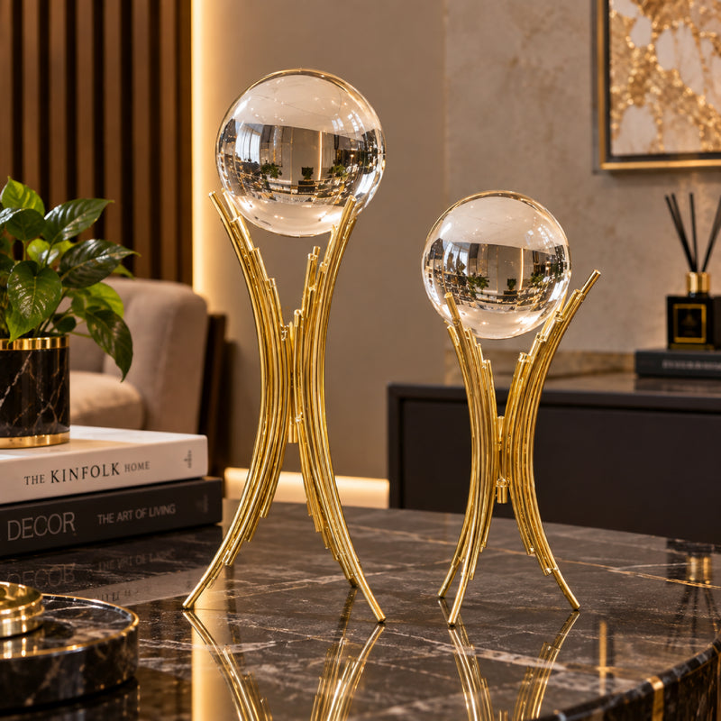 Celestial Spheres on Gilded Wheat Stand | Set of 2 Luxury Decorative Showpieces