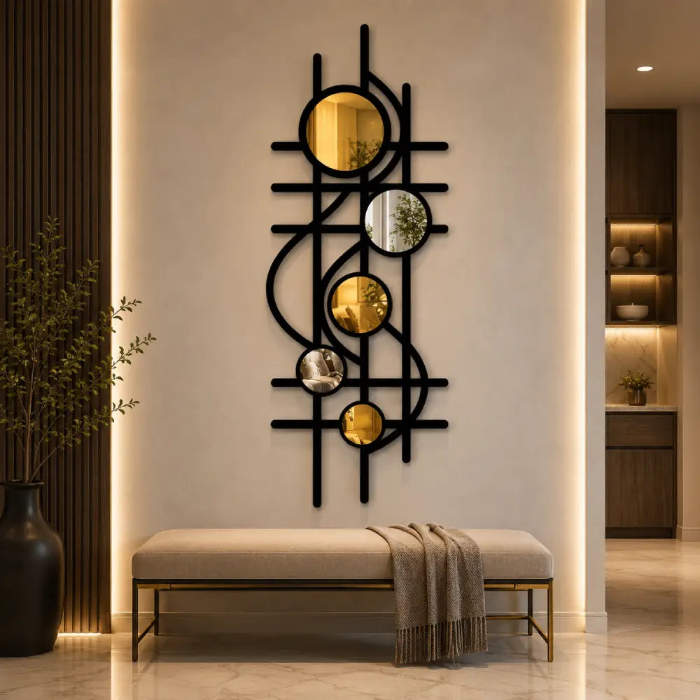 Geometric Plexiglass Mirror & Wooden Wall Art | Modern Abstract Mirror Wall Decor