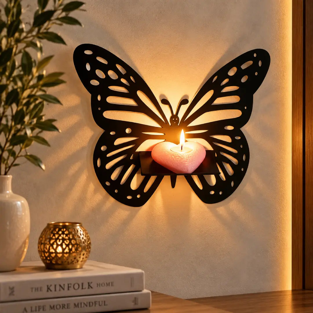 Black butterfly wooden wall shelf