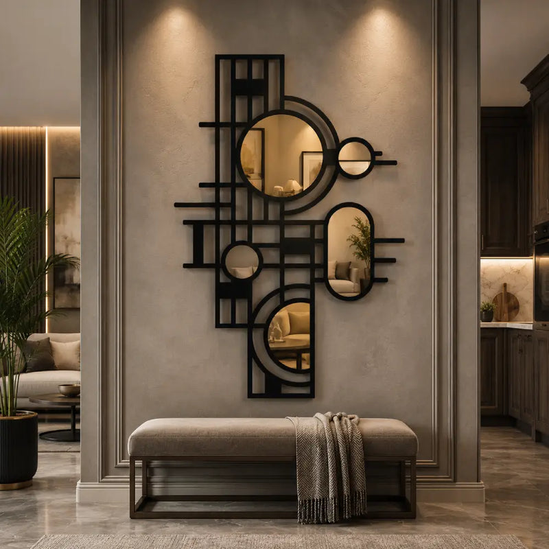 Geometric Plexiglass Mirror Wooden Wall Art | Modern Abstract Circle Wall Decor