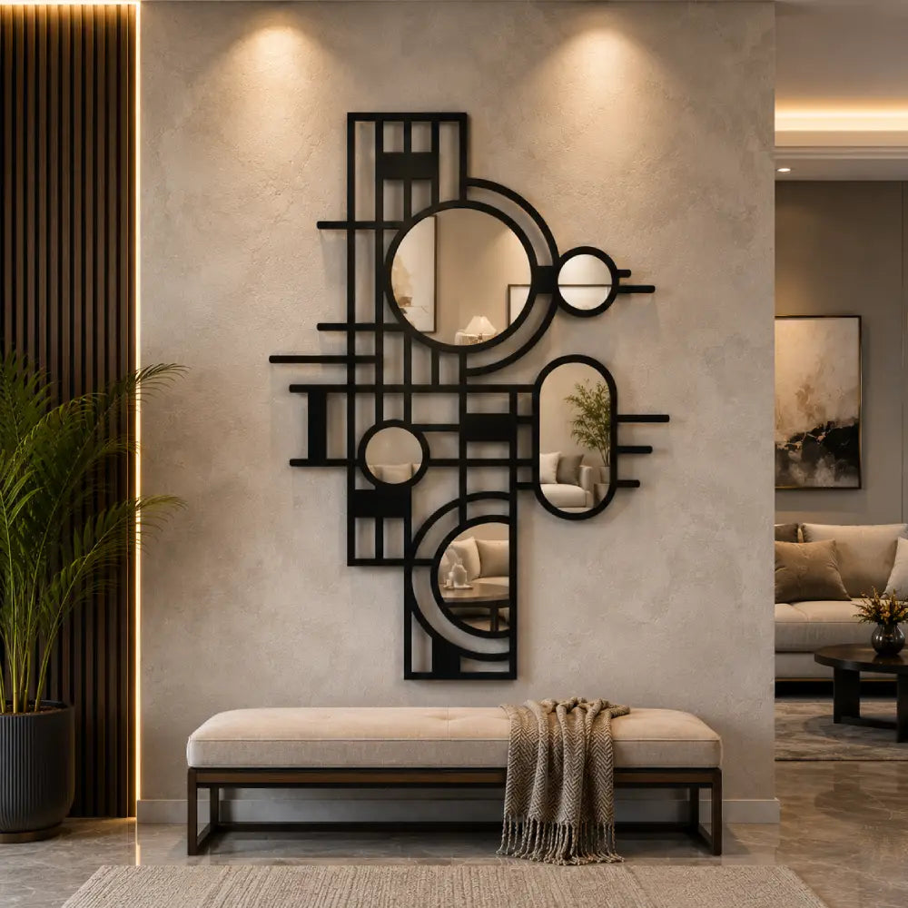 Geometric Plexiglass Mirror Wooden Wall Art | Modern Abstract Circle Wall Decor