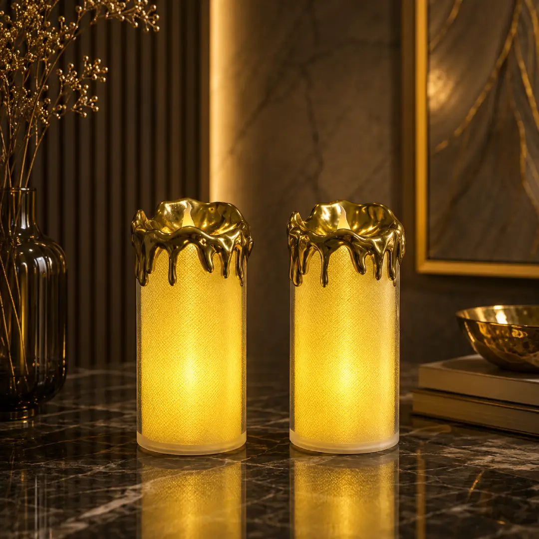 White and Yellow LED flameless votive candles with dripping gold design