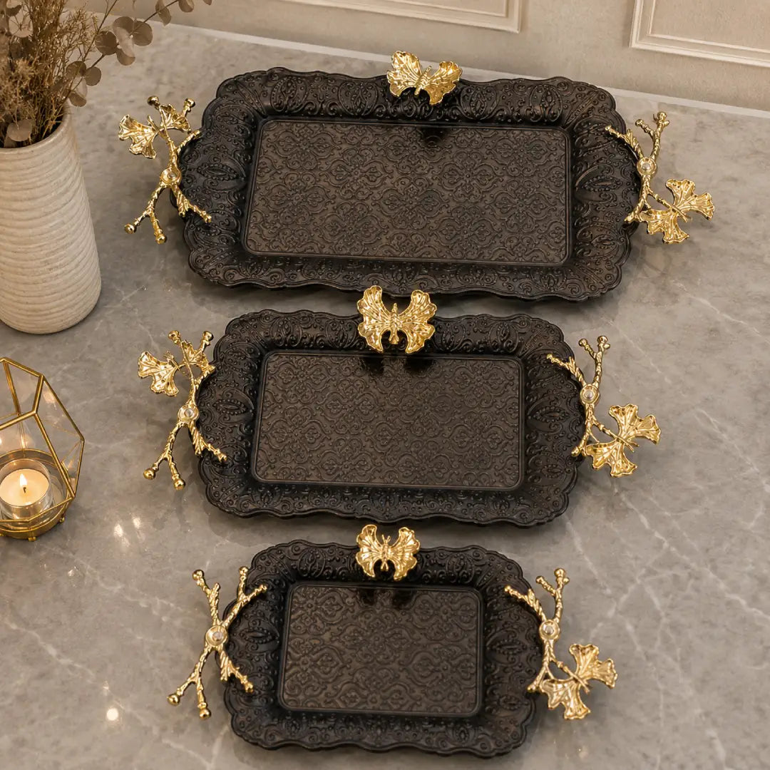 Black butterfly and ginkgo filigree tray set for modern luxury interiors