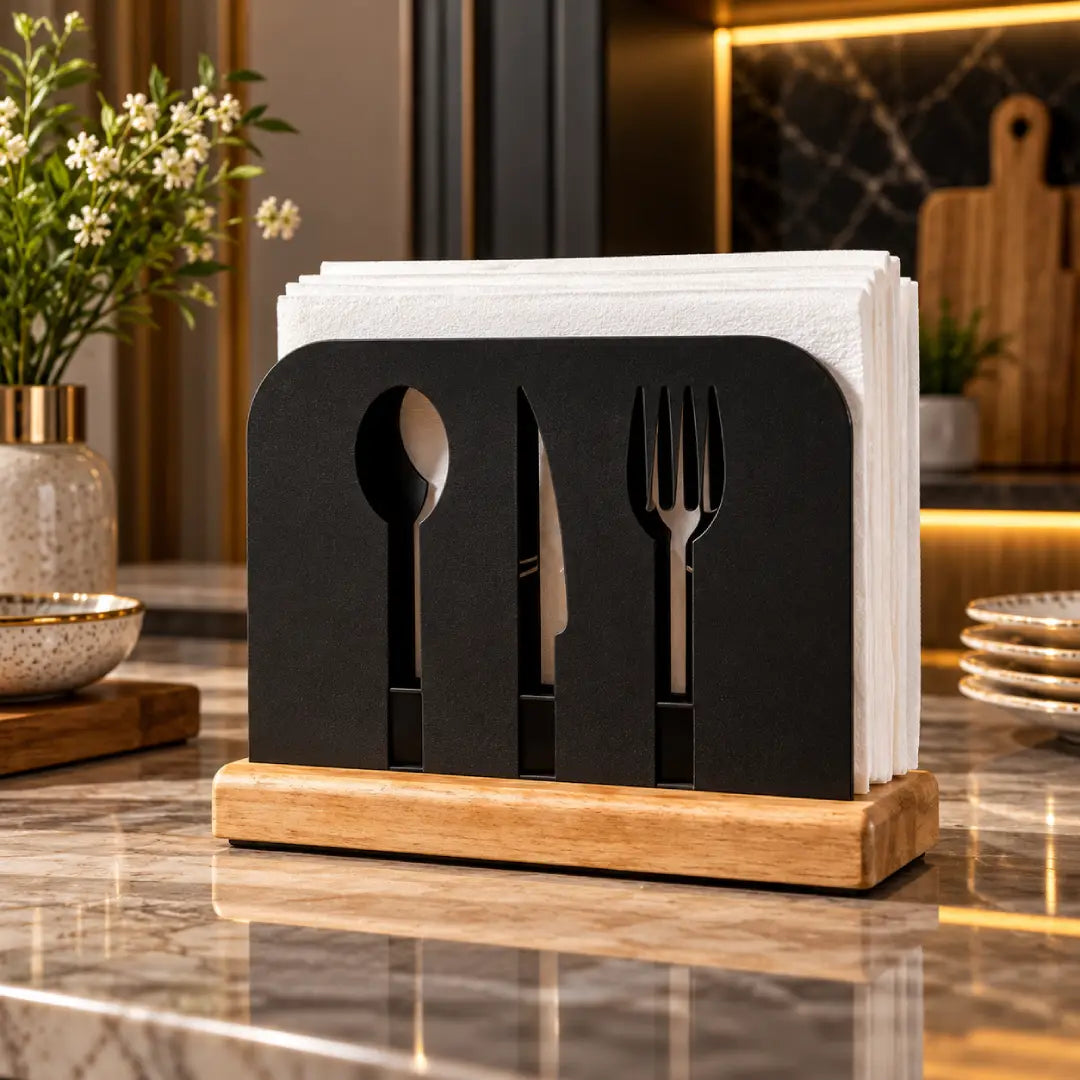 Elegant Cutlery Design Napkin Holder with Wooden Base