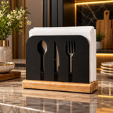 Elegant Cutlery Design Napkin Holder with Wooden Base