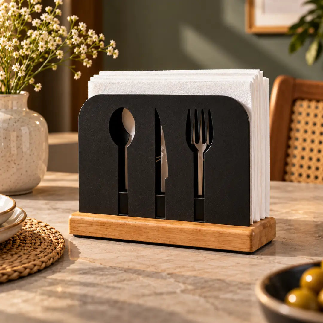 Cutlery design tissue stand with wooden base