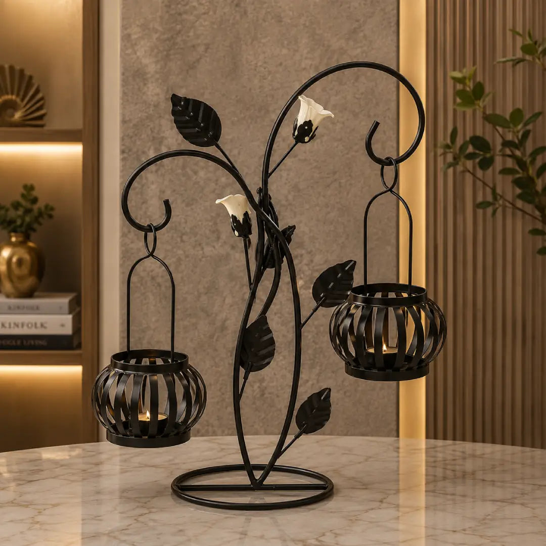 Elegant floral twin-lantern candelabra in black for luxury home decor Pakistan