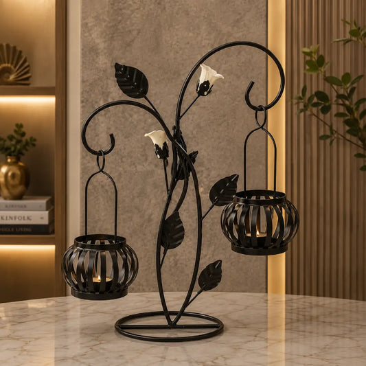 Elegant floral twin-lantern candelabra in black for luxury home decor Pakistan
