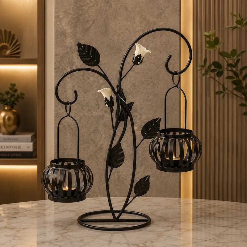 Elegant floral twin-lantern candelabra in black for luxury home decor Pakistan