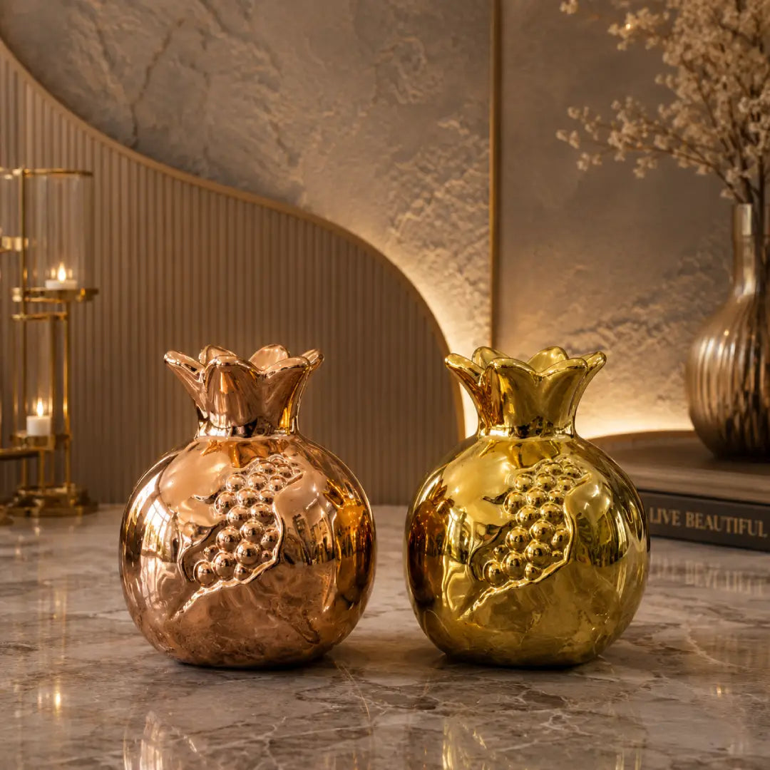 Elegant Gold and Copper Pomegranate Decorative Vases Brown Golden luxury home decor Pakistan