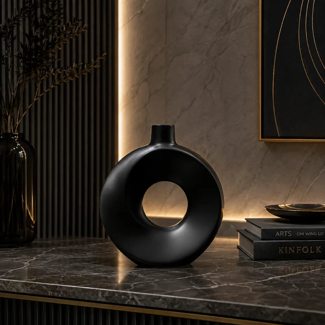 Black elegant modern circular fiber vase for contemporary home decor