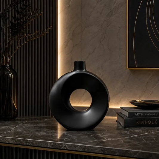 Black elegant modern circular fiber vase for contemporary home decor