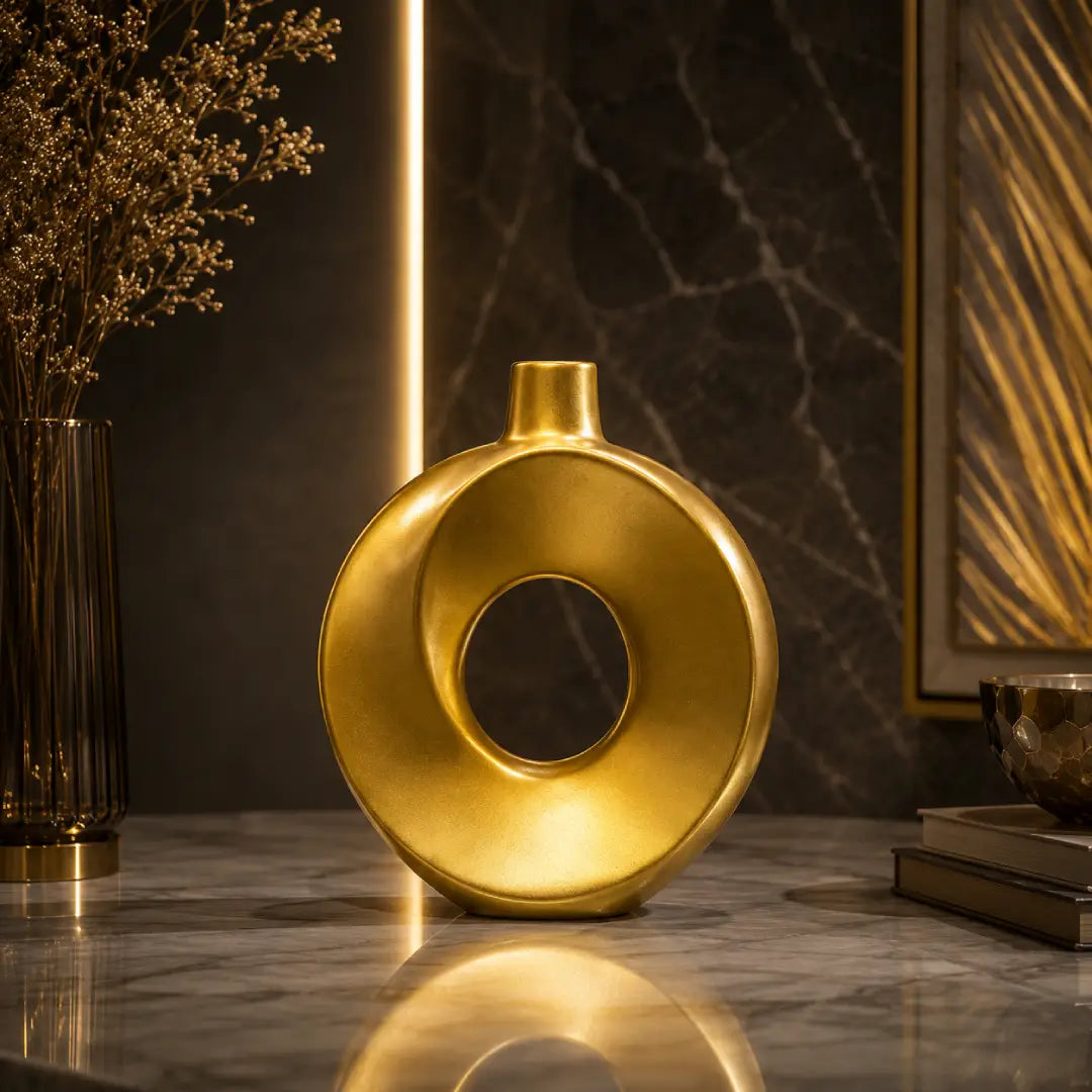 Golden elegant modern circular fiber vase for luxury home decor
