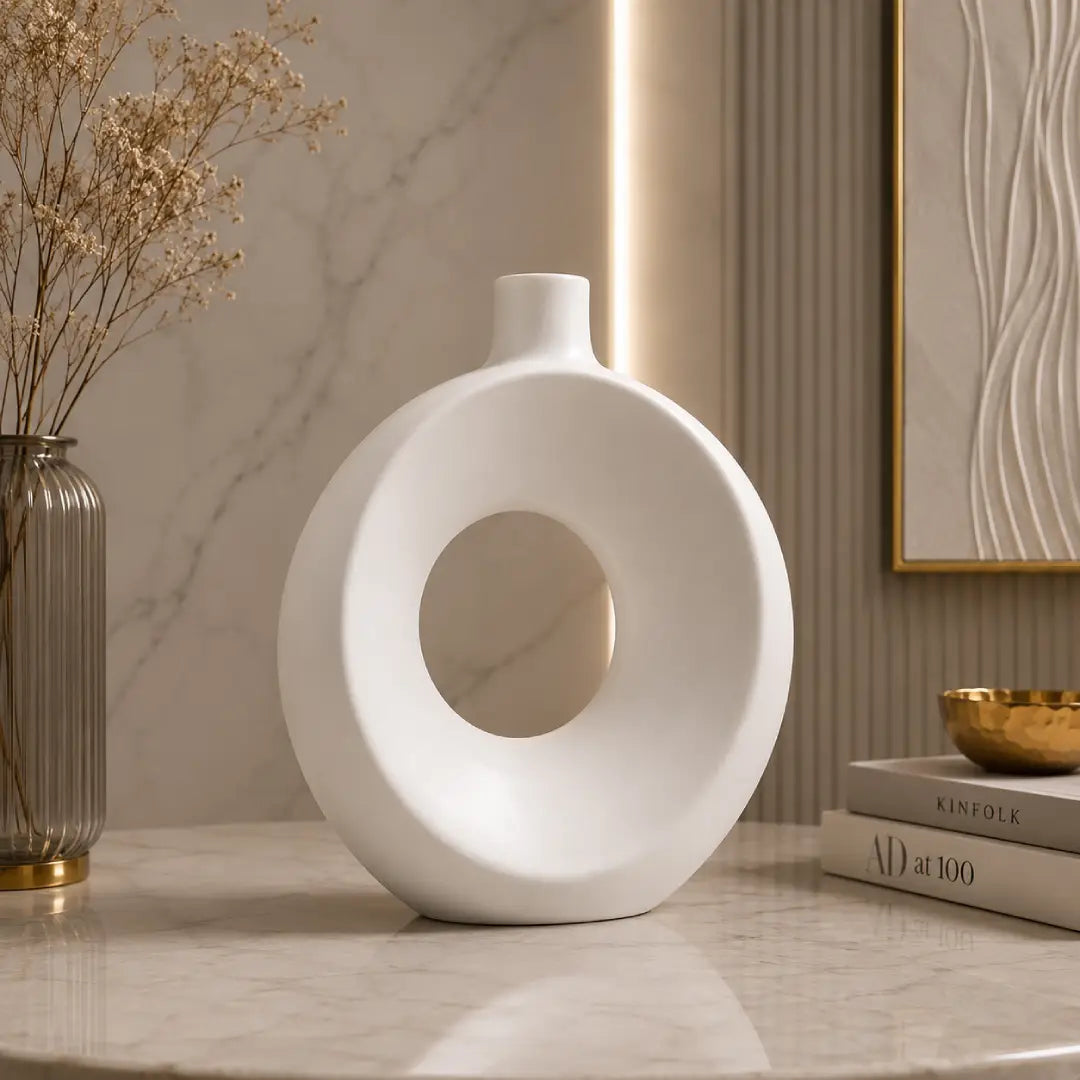 White modern circular fiber decorative vase for elegant home styling