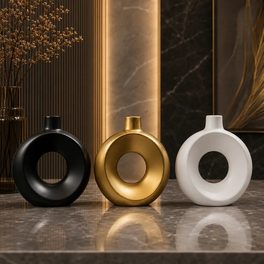 Elegant Modern Circular Fiber Vase Golden White Black luxury home decor Pakistan