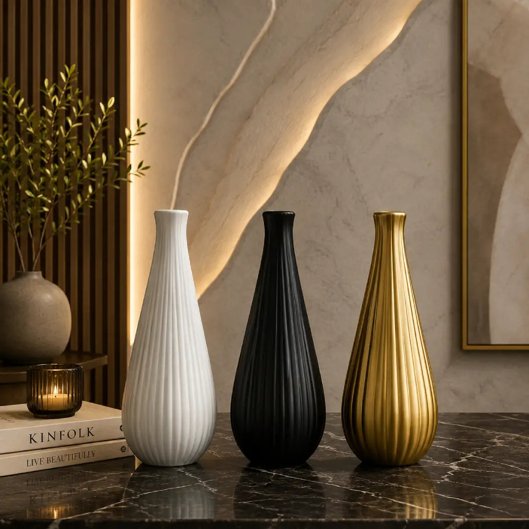 Elegant ribbed vase white black golden modern luxury home decor Pakistan
