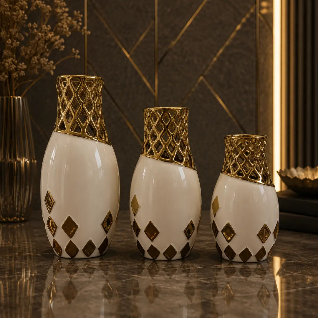 Elegant white and black ceramic decorative vase set of 3 Pakistan