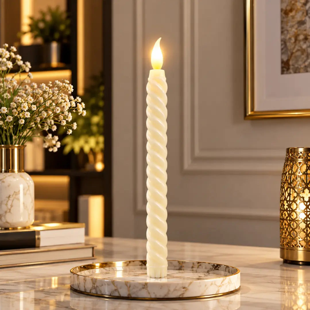 Extra-Tall Twisted Ivory LED Taper Candle