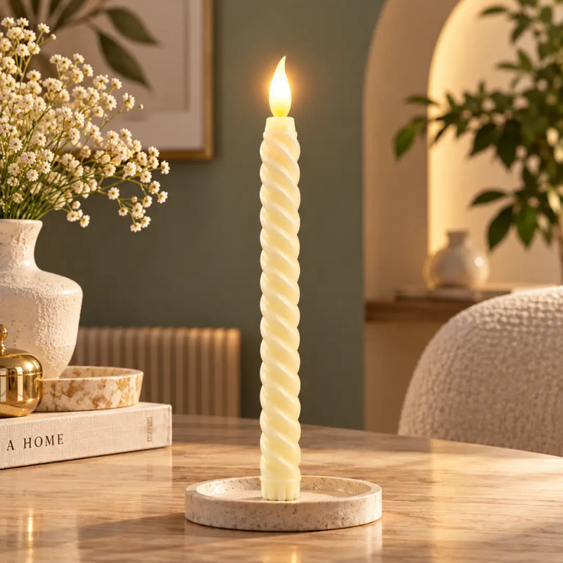 Extra-Tall Twisted Ivory LED Taper Candle | Flameless Decorative Candle for Home
