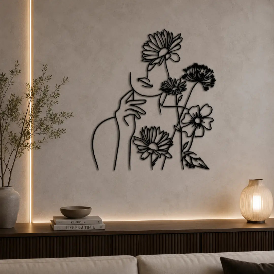 Flower Woman metal wall art minimalist line decor black golden white Pakistan