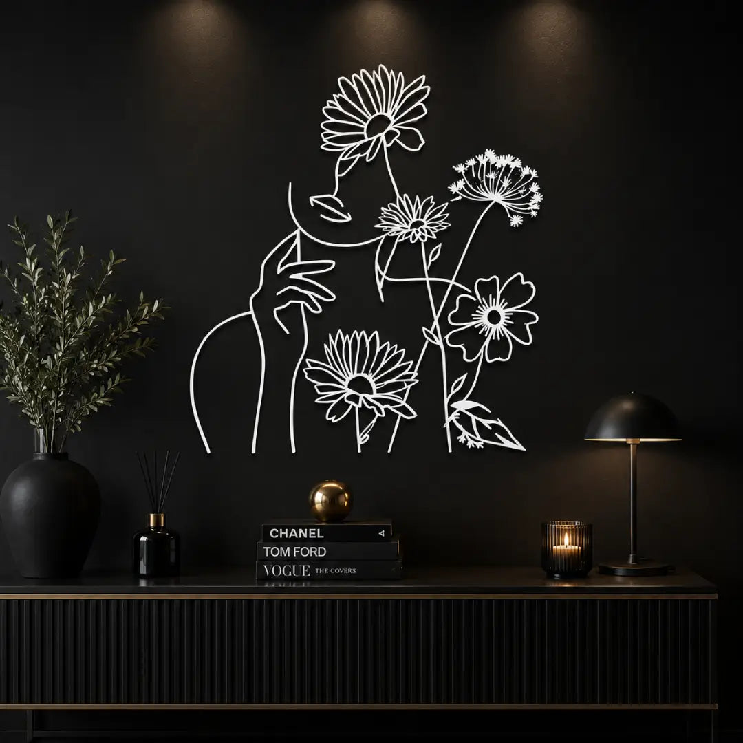 white Flower Woman metal wall art minimalist home decor