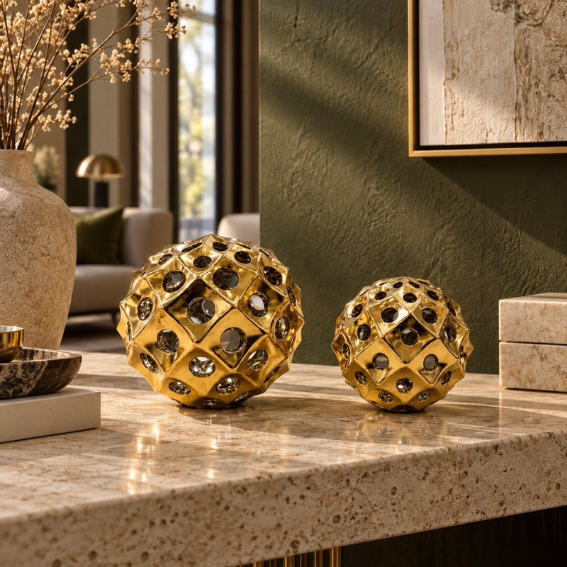 Gilded Geometric Sphere Decor | Modern Luxury Decorative Showpiece