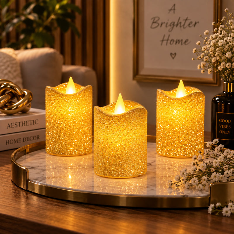 Gold Glitter LED Flameless Votive Candle Set | 3 Piece with Flickering Amber Light