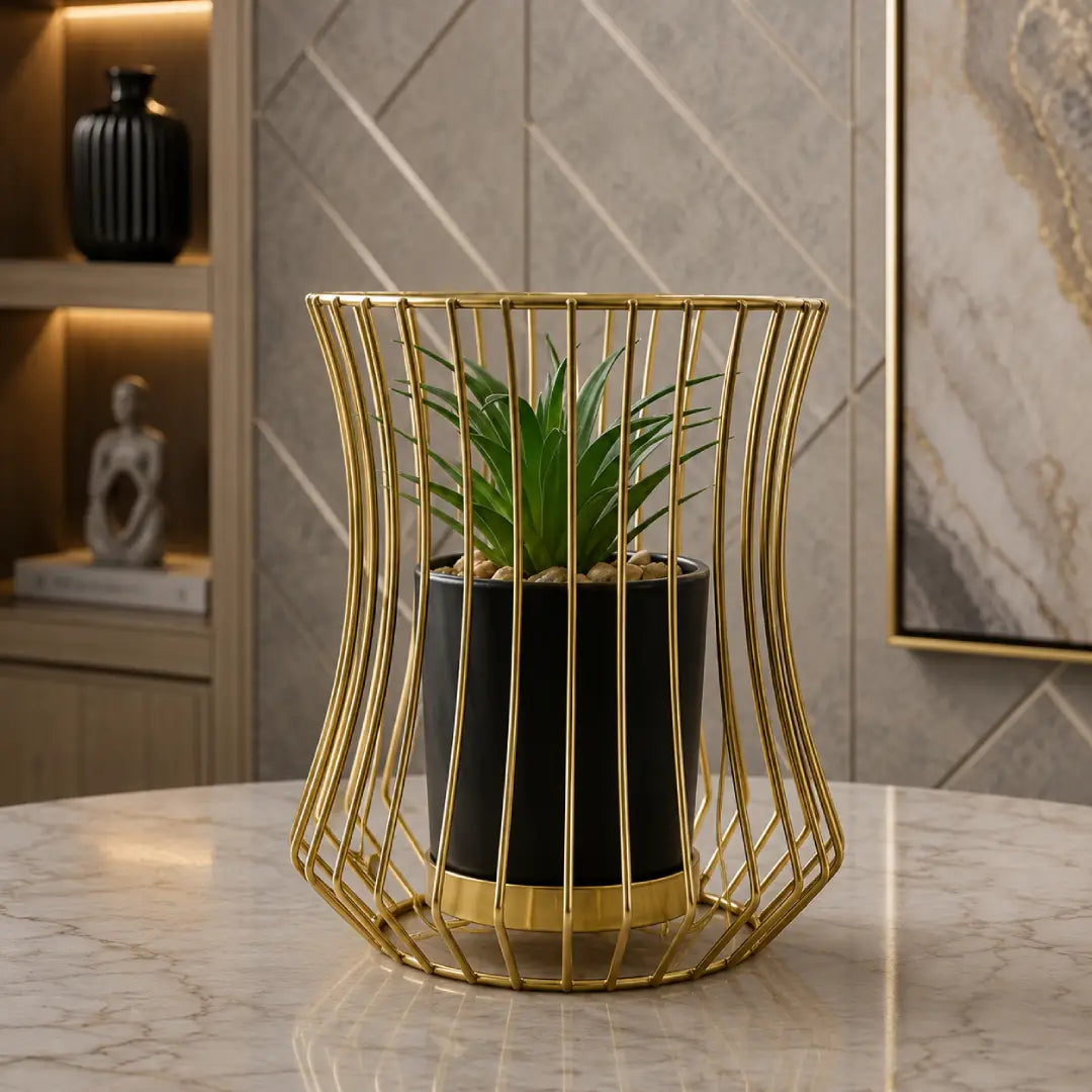 Gold metal cage planter for luxury indoor plant decor Pakistan