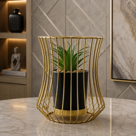 Gold metal cage planter for luxury indoor plant decor Pakistan