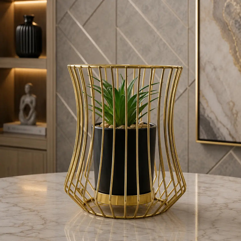 Gold metal cage planter for luxury indoor plant decor Pakistan