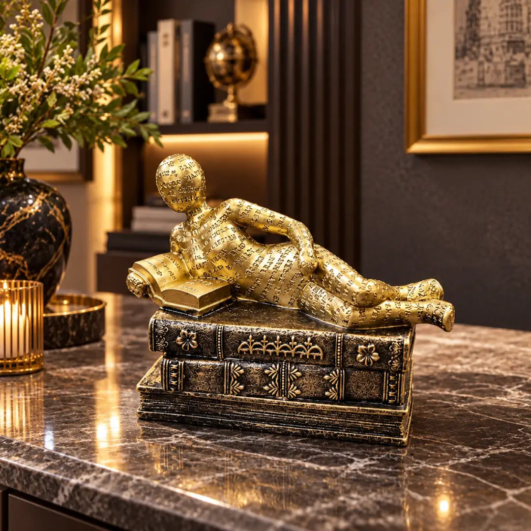 Gold reclining reader on books sculpture