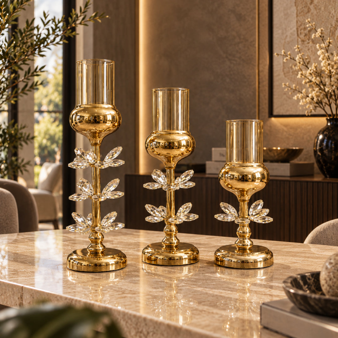 3 piece golden crystal candelabra set