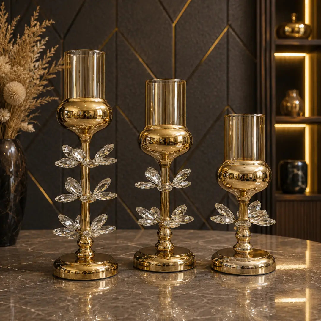 Golden Crystal Candelabra Trio Set of 3 luxury candle holders Pakistan