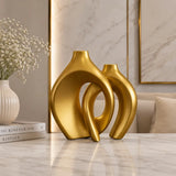 Modern Abstract Interlocking Vases with Dried Grass Accent | Golden, Black & White
