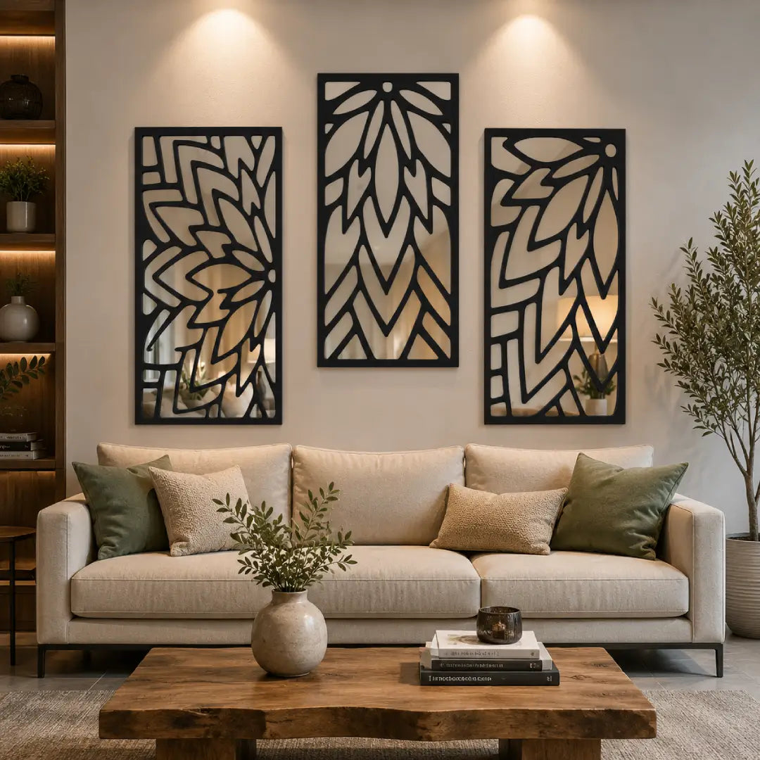 hollow leaf wall mirror set of 3 16 inch wooden acrylic black golden Pakistan