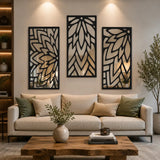 hollow leaf wall mirror set of 3 16 inch wooden acrylic black golden Pakistan