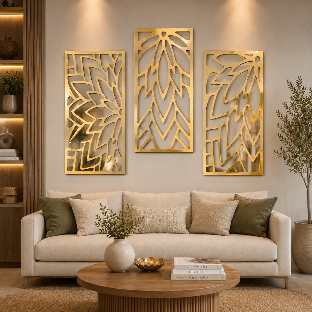 golden hollow leaf wall mirror set of 3 decorative acrylic