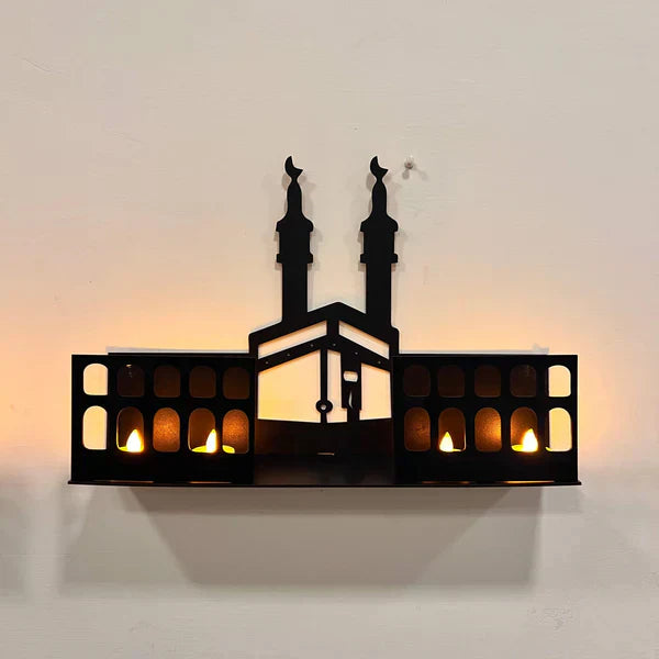 3D Islamic Wooden Shelves – Khana Kaba & Roza Rasool (SAW) Design with 4 LED Candles